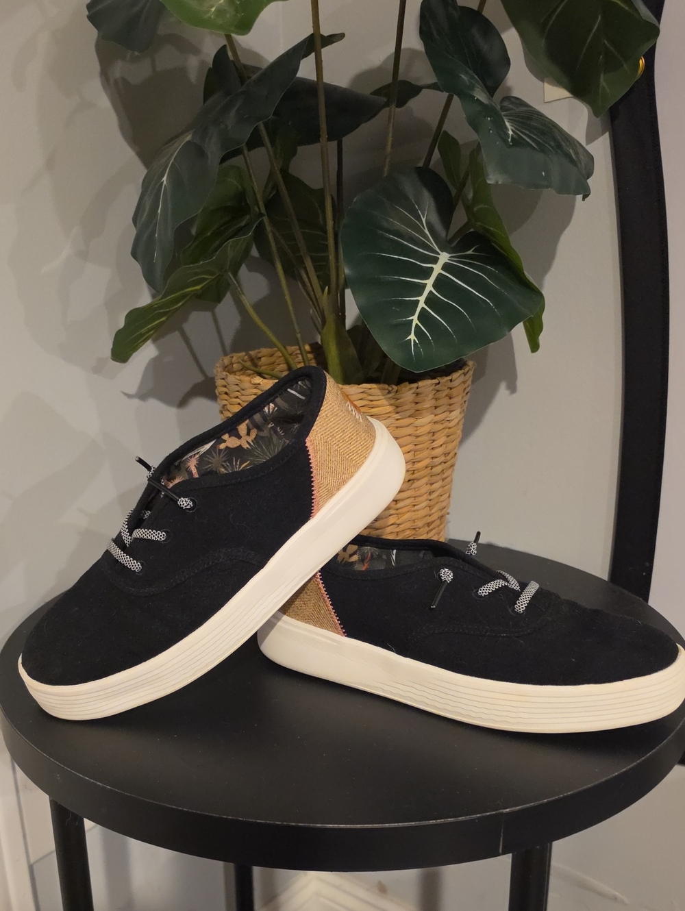 Hey dude Casual Women's Black Canvas Sneakers with Tan Heel Accent